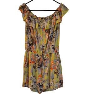 Floral Chartreuse Ruffled Off-Shoulder Drawstring Waist Cool Romper Sz M